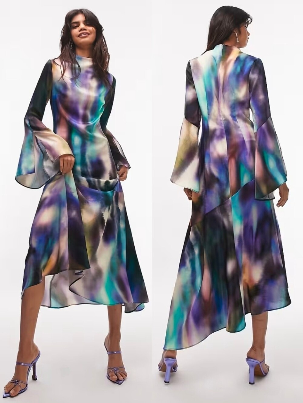 Topshop Teal Violet Watercolor Blurred Dye Print Asymmetrical Midi Dress